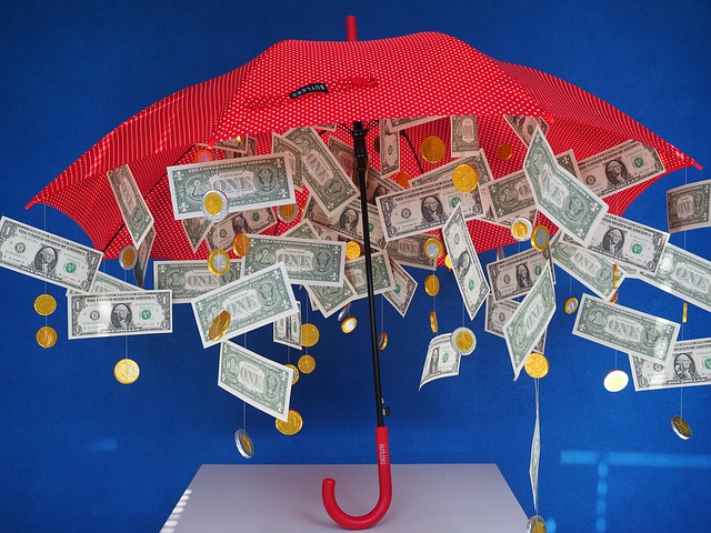červený deštník, peníze, mince, puntíky